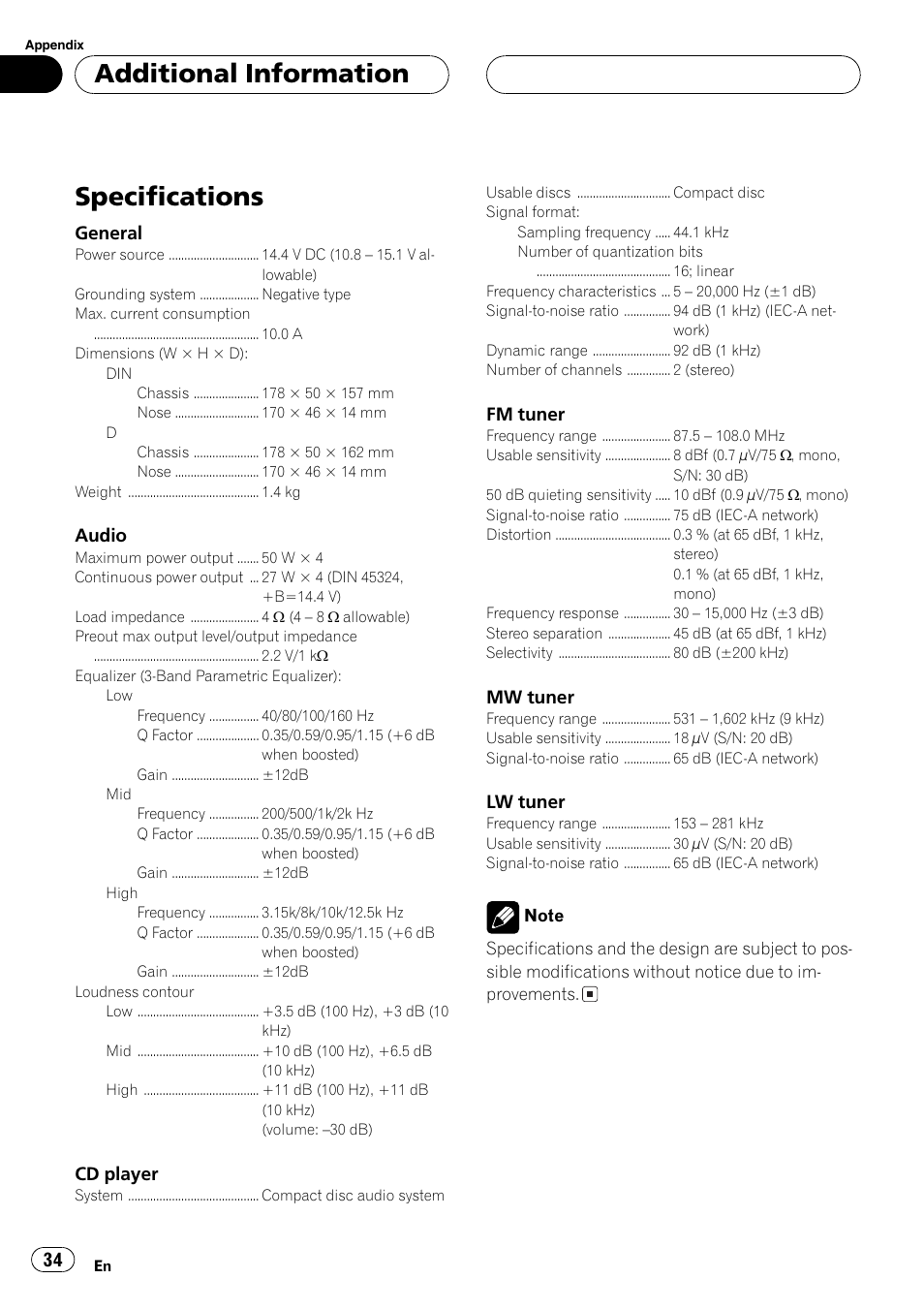 Specifications 34, Specifications, Additional information | Pioneer DEH-P2600R User Manual | Page 34 / 105