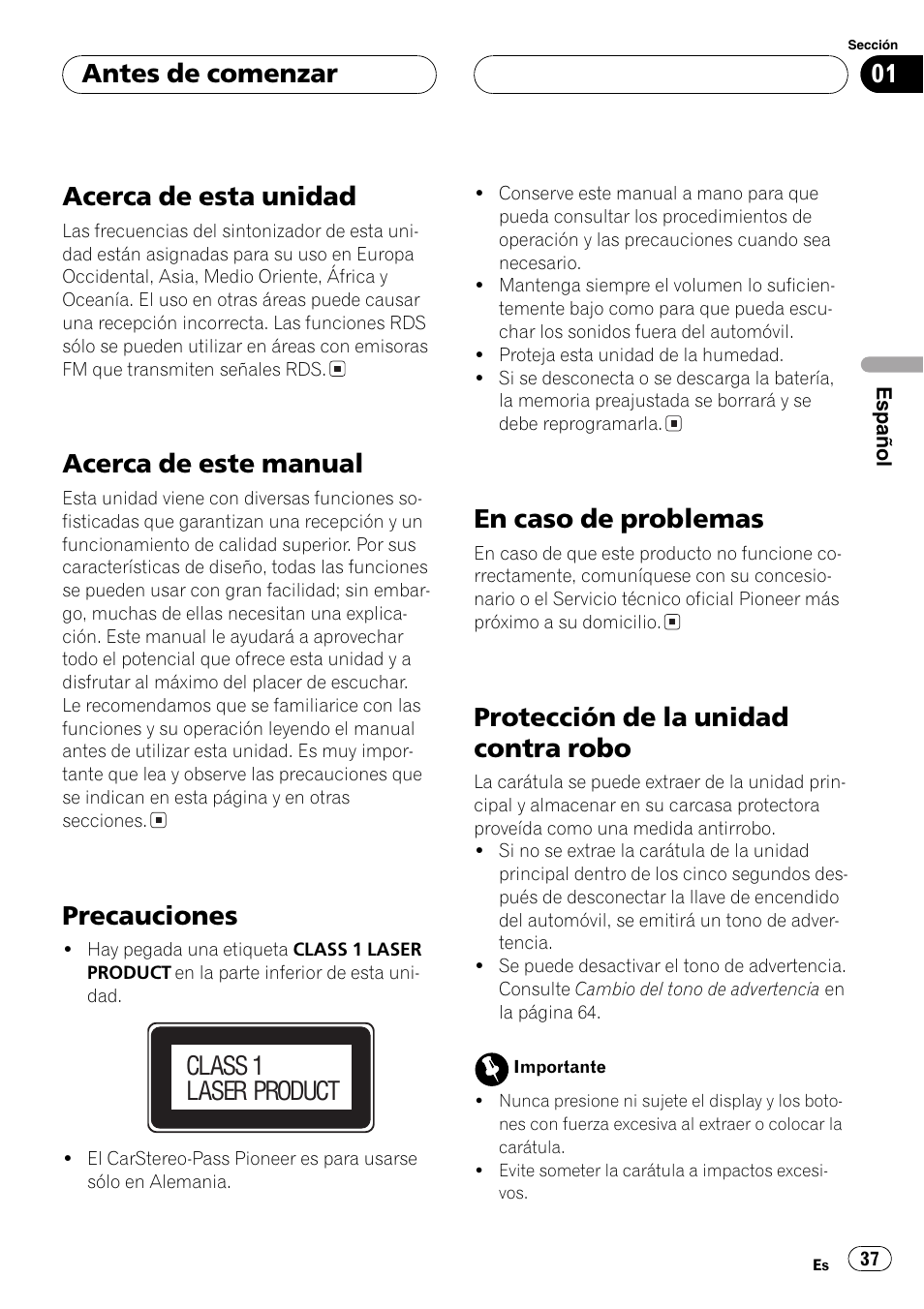 Antes de comenzar acerca de esta unidad 37, Acerca de este manual 37, Precauciones 37 | En caso de problemas 37, Protección de la unidad contra robo 37, Acerca de esta unidad, Acerca de este manual, Precauciones, En caso de problemas, Protección de la unidad contra robo | Pioneer DEH-P2600R User Manual | Page 37 / 105