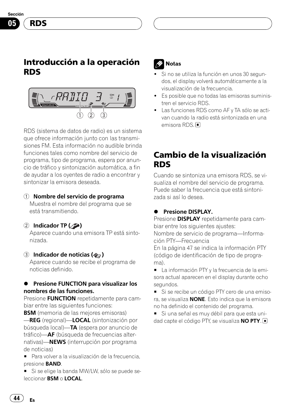 Introducción a la operación rds 44, Cambio de la visualización rds 44, Introducción a la operación rds | Cambio de la visualización rds | Pioneer DEH-P2600R User Manual | Page 44 / 105