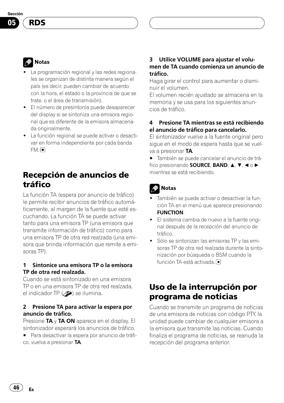Recepción de anuncios de tráfico 46, Uso de la interrupción por programa de, Noticias 46 | Recepción de anuncios de tráfico, Uso de la interrupción por programa de noticias | Pioneer DEH-P2600R User Manual | Page 46 / 105