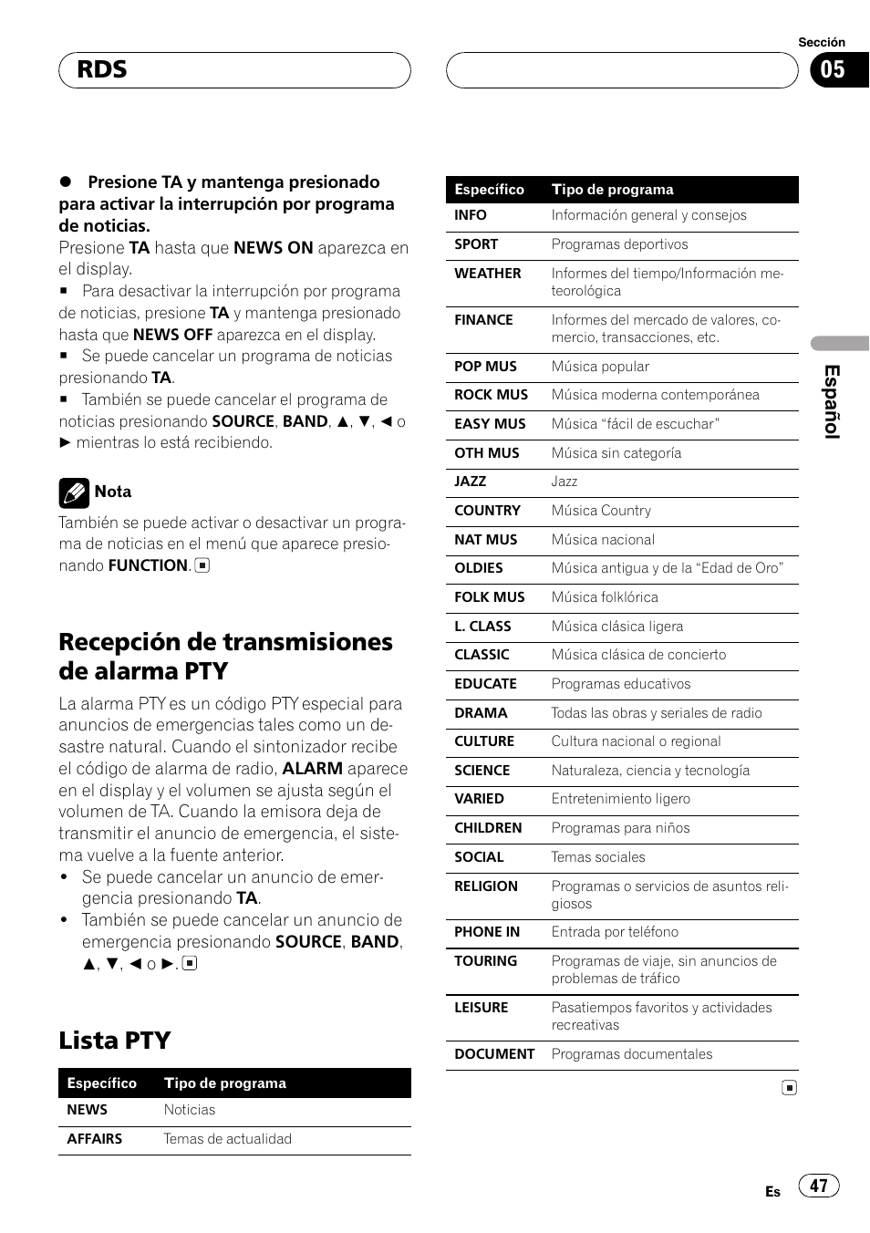 Recepción de transmisiones de alarma, Pty 47, Lista pty 47 | Recepción de transmisiones de alarma pty, Lista pty, Español | Pioneer DEH-P2600R User Manual | Page 47 / 105