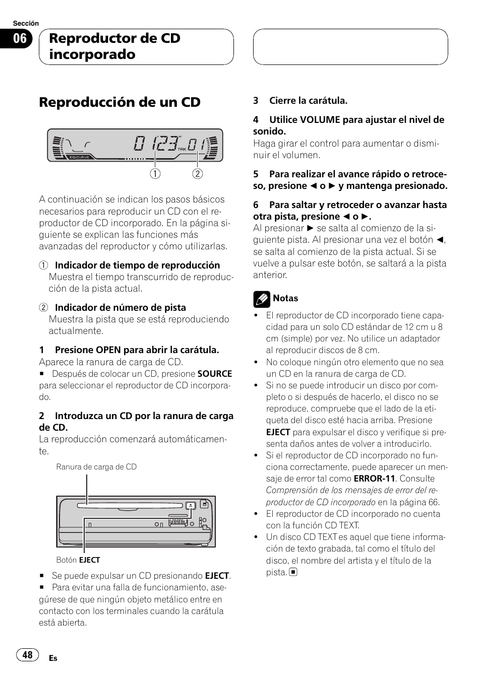 Reproductor de cd incorporado, Reproducción de un cd 48, Reproducción de un cd | Pioneer DEH-P2600R User Manual | Page 48 / 105