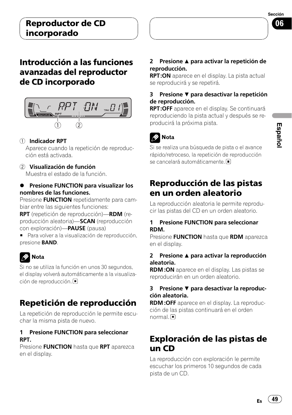 Introducción a las funciones avanzadas del, Reproductor de cd incorporado 49, Repetición de reproducción 49 | Reproducción de las pistas en un orden, Aleatorio 49, Exploración de las pistas de un cd 49, Guiente, Repetición de reproducción, Reproducción de las pistas en un orden aleatorio, Exploración de las pistas de un cd | Pioneer DEH-P2600R User Manual | Page 49 / 105