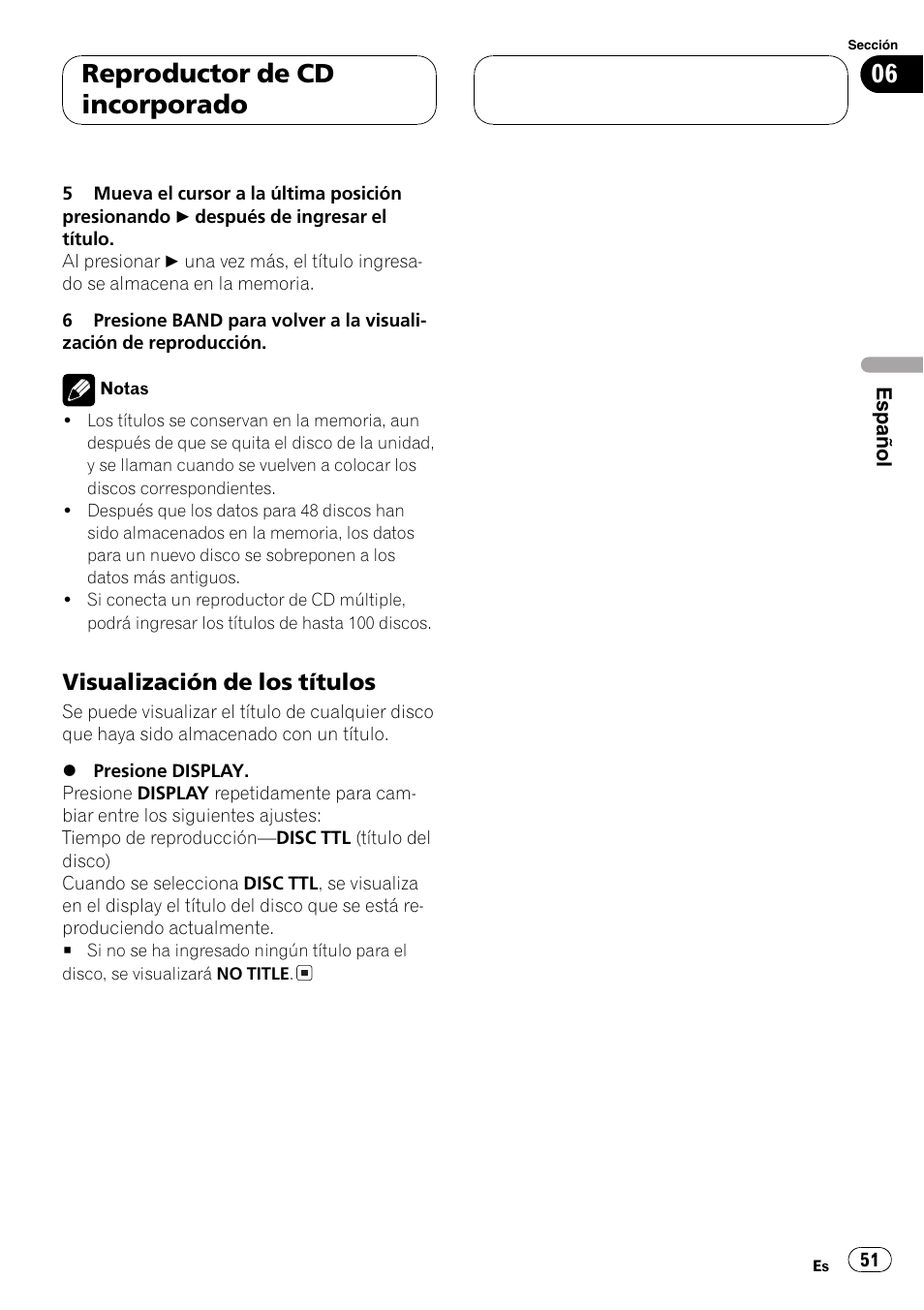 Visualización de los títulos 51, Reproductor de cd incorporado, Visualización de los títulos | Pioneer DEH-P2600R User Manual | Page 51 / 105