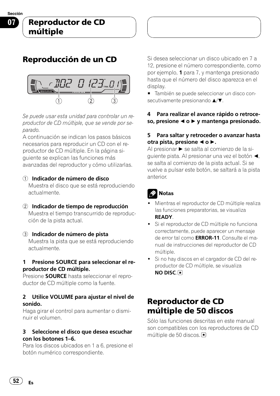 Reproductor de cd múltiple, Reproducción de un cd 52, Reproductor de cd múltiple de 50 | Discos 52, Reproducción de un cd, Reproductor de cd múltiple de 50 discos | Pioneer DEH-P2600R User Manual | Page 52 / 105