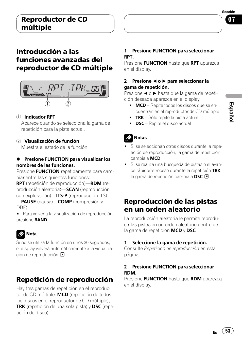 Introducción a las funciones avanzadas del, Reproductor de cd múltiple 53, Repetición de reproducción 53 | Reproducción de las pistas en un orden, Aleatorio 53, Repetición de reproducción, Reproducción de las pistas en un orden aleatorio, Reproductor de cd múltiple | Pioneer DEH-P2600R User Manual | Page 53 / 105