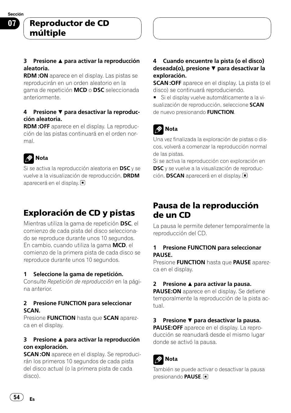 Exploración de cd y pistas 54, Pausa de la reproducción de un cd 54, Exploración de cd y pistas | Pausa de la reproducción de un cd, Reproductor de cd múltiple | Pioneer DEH-P2600R User Manual | Page 54 / 105