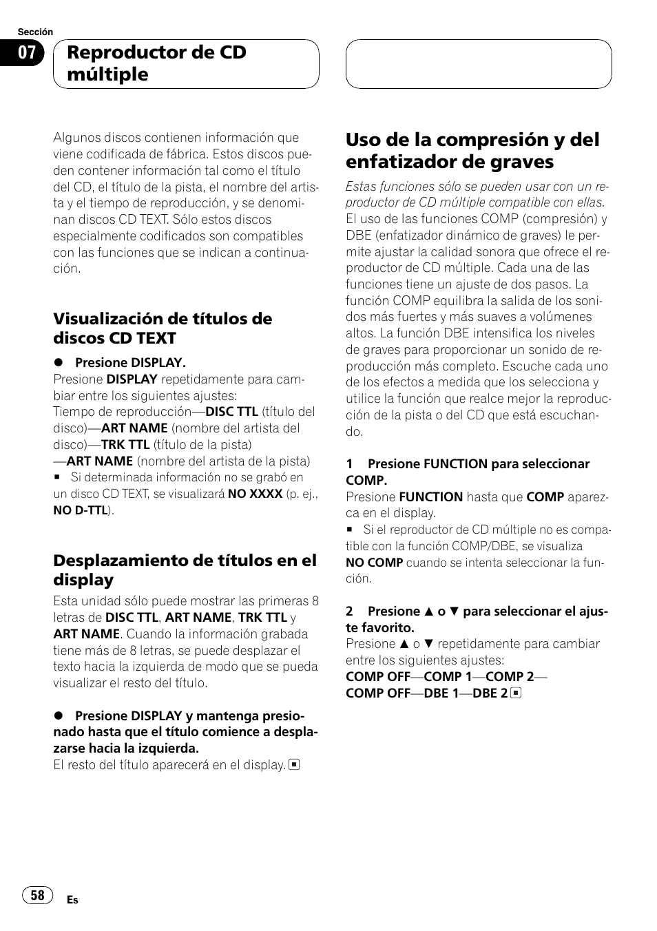 Visualización de títulos de discos cd, Text 58, Desplazamiento de títulos en el | Display 58, Uso de la compresión y del enfatizador de, Graves 58, Uso de la compresión y del enfatizador de graves, Reproductor de cd múltiple | Pioneer DEH-P2600R User Manual | Page 58 / 105