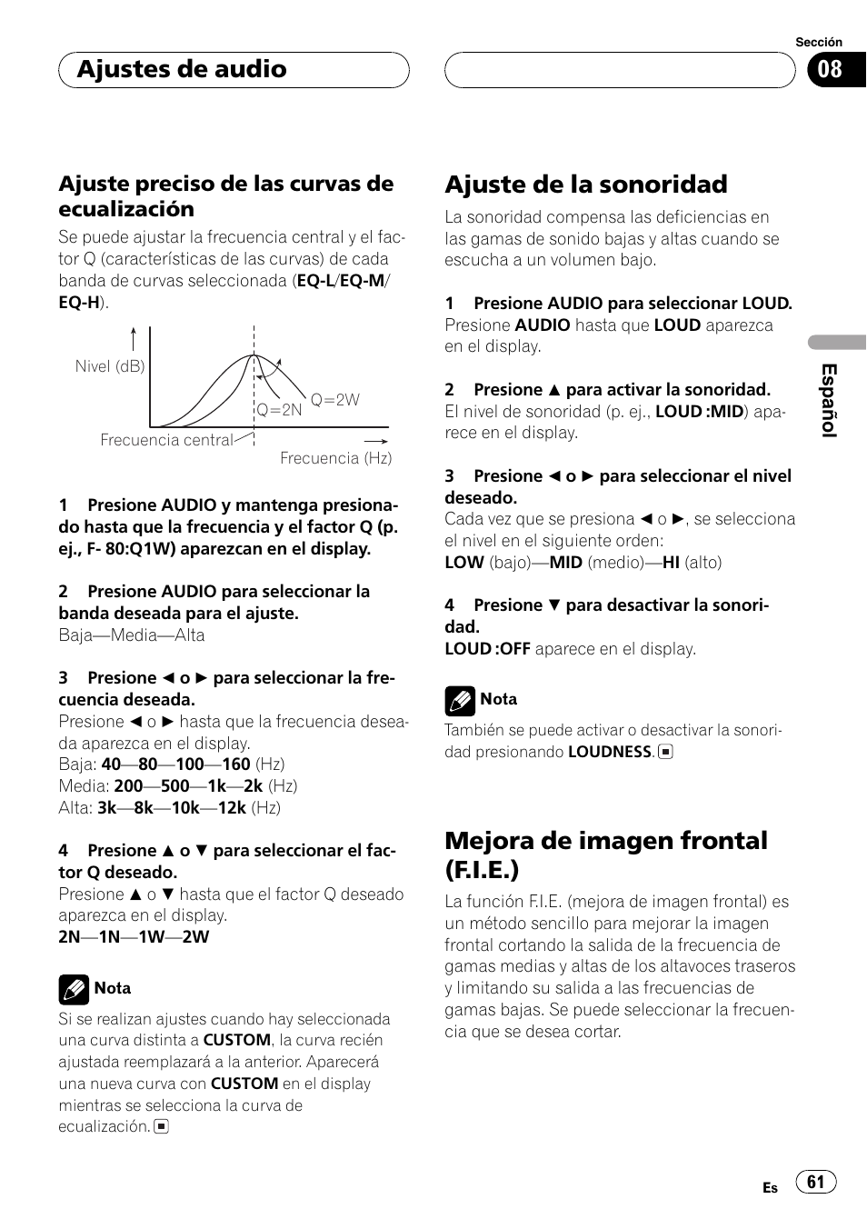 Ajuste preciso de las curvas de, Ecualización 61, Ajuste de la sonoridad 61 | Mejora de imagen frontal (f.i.e.) 61, Ajuste de la sonoridad, Mejora de imagen frontal (f.i.e.), Ajustes de audio, Ajuste preciso de las curvas de ecualización | Pioneer DEH-P2600R User Manual | Page 61 / 105