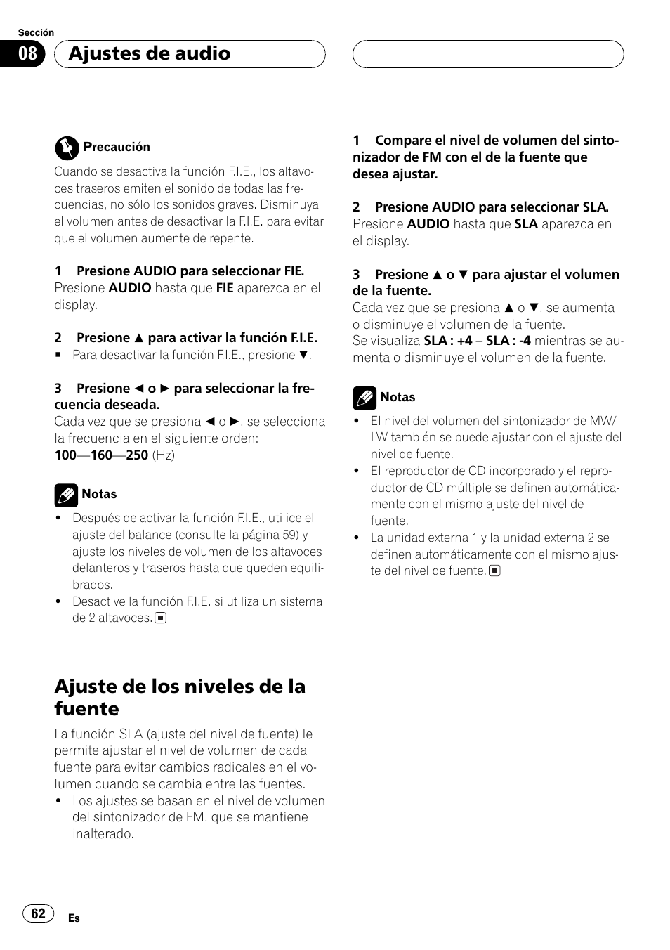 Ajuste de los niveles de la fuente 62, Ajuste de los niveles de la fuente, Ajustes de audio | Pioneer DEH-P2600R User Manual | Page 62 / 105