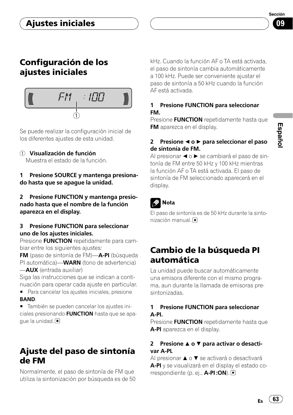 Ajustes iniciales, Configuración de los ajustes iniciales 63, Ajuste del paso de sintonía de fm 63 | Cambio de la búsqueda pi automática 63, Configuración de los ajustes iniciales, Ajuste del paso de sintonía de fm, Cambio de la búsqueda pi automática | Pioneer DEH-P2600R User Manual | Page 63 / 105