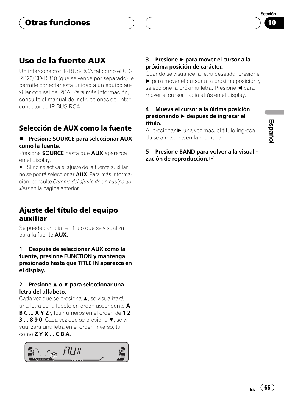 Otras funciones, Uso de la fuente aux 65, Selección de aux como la fuente 65 | Ajuste del título del equipo, Auxiliar 65, Uso de la fuente aux | Pioneer DEH-P2600R User Manual | Page 65 / 105