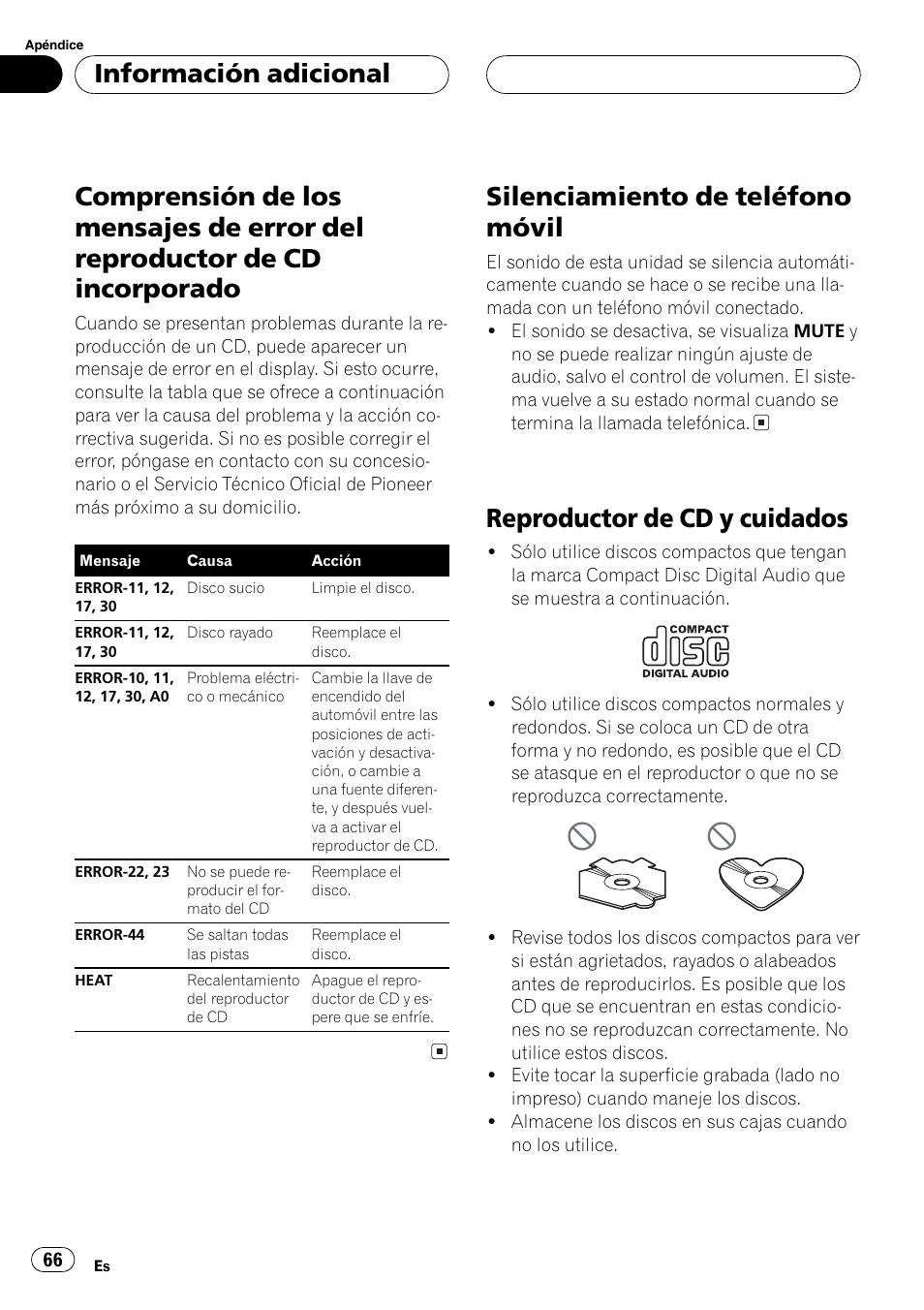 Información adicional, Comprensión de los mensajes de error del, Reproductor de cd incorporado 66 | Silenciamiento de teléfono móvil 66, Reproductor de cd y cuidados 66, Comprensión de los mensajes de error del re, Silenciamiento de teléfono móvil, Reproductor de cd y cuidados | Pioneer DEH-P2600R User Manual | Page 66 / 105