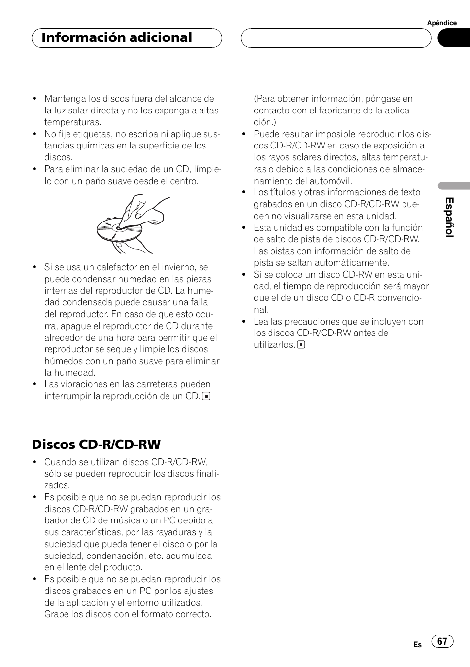 Discos cd-r/cd-rw 67, Discos cd-r/cd-rw, Información adicional | Pioneer DEH-P2600R User Manual | Page 67 / 105