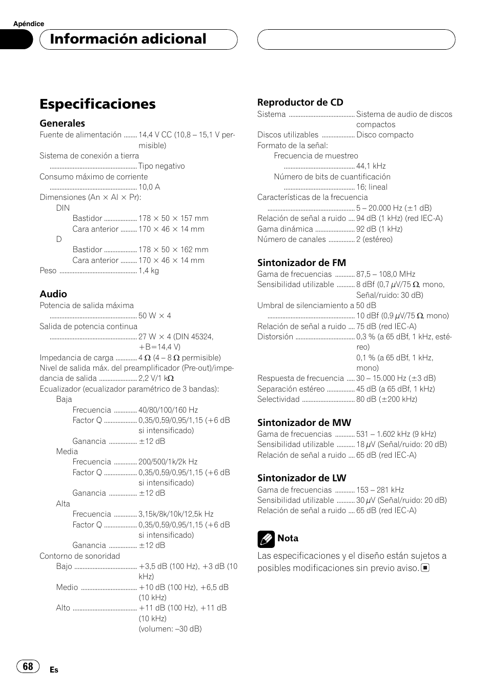 Especificaciones 68, Especificaciones, Información adicional | Pioneer DEH-P2600R User Manual | Page 68 / 105