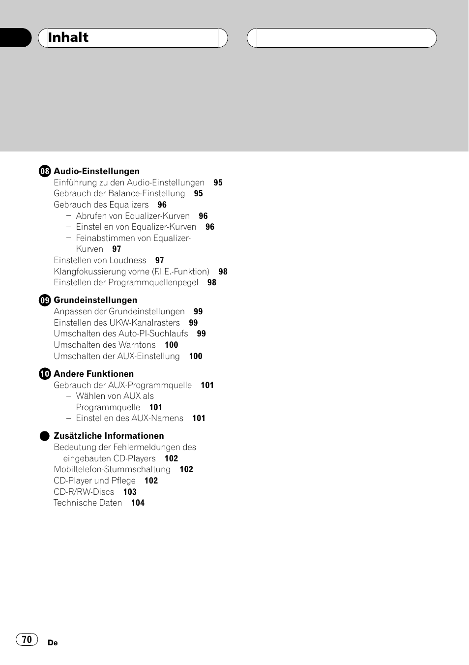 Inhalt | Pioneer DEH-P2600R User Manual | Page 70 / 105