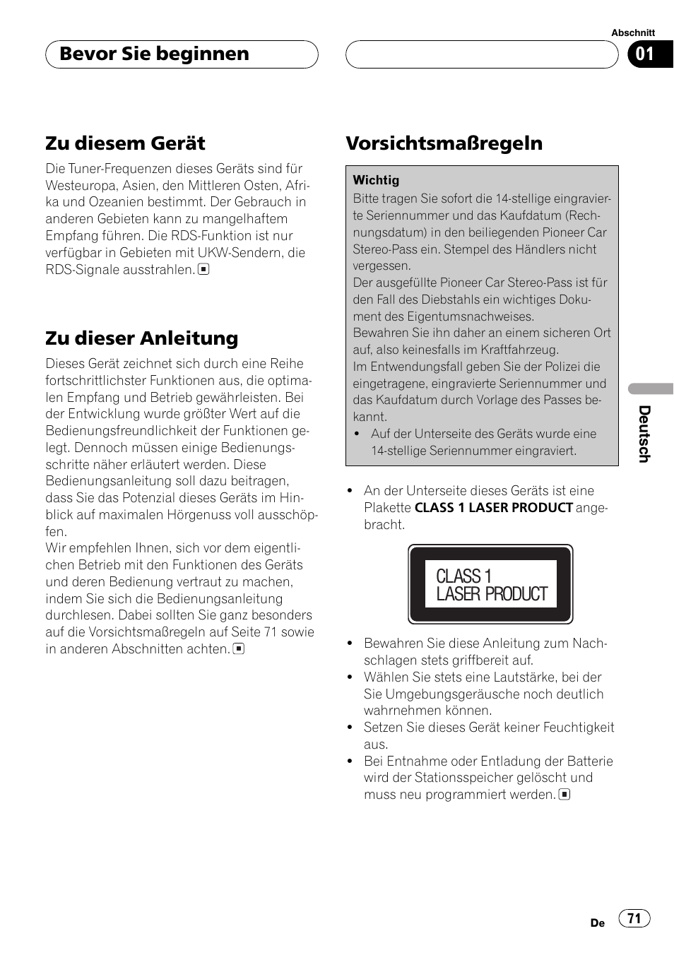 Bevor sie beginnen zu diesem gerät 71, Zu dieser anleitung 71, Vorsichtsmaßregeln 71 | Zu diesem gerät, Zu dieser anleitung, Vorsichtsmaßregeln, Bevor sie beginnen, Class 1 laser product | Pioneer DEH-P2600R User Manual | Page 71 / 105