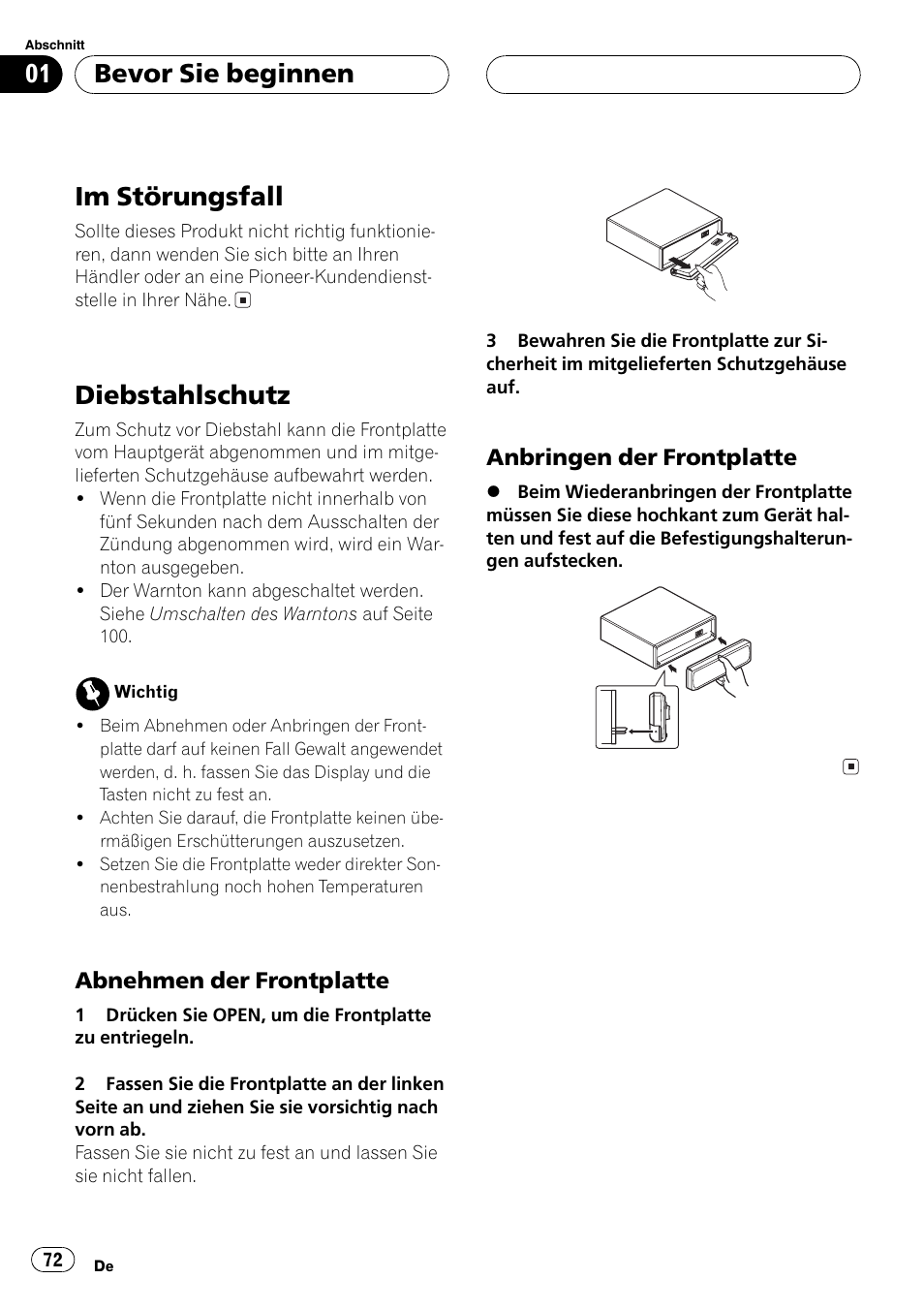 Im störungsfall 72, Diebstahlschutz 72, Abnehmen der frontplatte 72 | Anbringen der frontplatte 72, Im störungsfall, Diebstahlschutz, Bevor sie beginnen, Abnehmen der frontplatte, Anbringen der frontplatte | Pioneer DEH-P2600R User Manual | Page 72 / 105