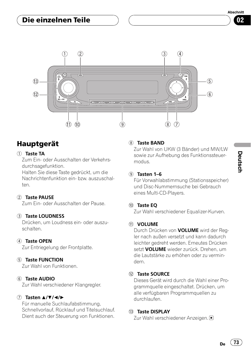 Die einzelnen teile, Hauptgerät 73, Hauptgerät | Pioneer DEH-P2600R User Manual | Page 73 / 105