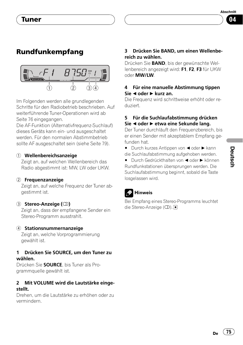 Tuner, Rundfunkempfang 75, Rundfunkempfang | Pioneer DEH-P2600R User Manual | Page 75 / 105
