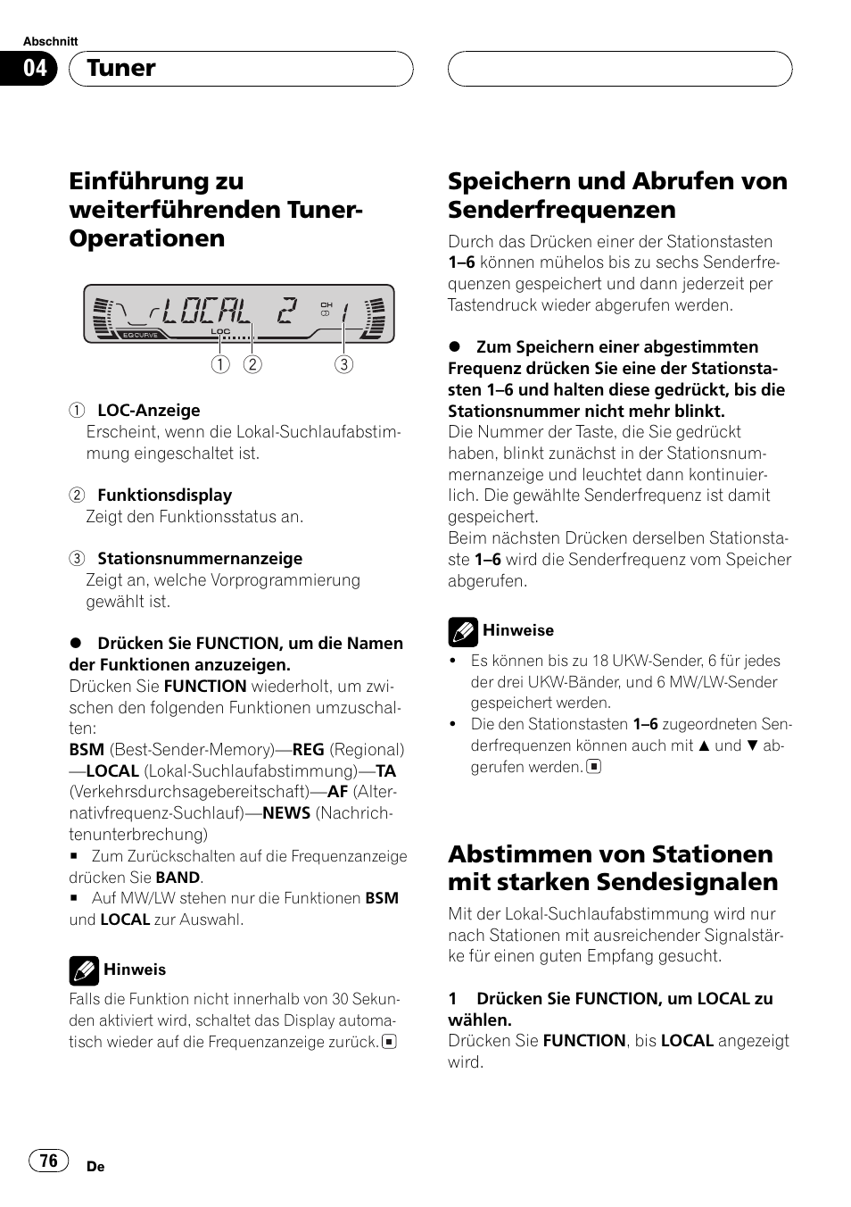 Einführung zu weiterführenden tuner, Operationen 76, Speichern und abrufen von | Senderfrequenzen 76, Abstimmen von stationen mit starken, Sendesignalen 76, Einführung zu weiterführenden tuner- operationen, Speichern und abrufen von senderfrequenzen, Abstimmen von stationen mit starken sendesignalen, Tuner | Pioneer DEH-P2600R User Manual | Page 76 / 105