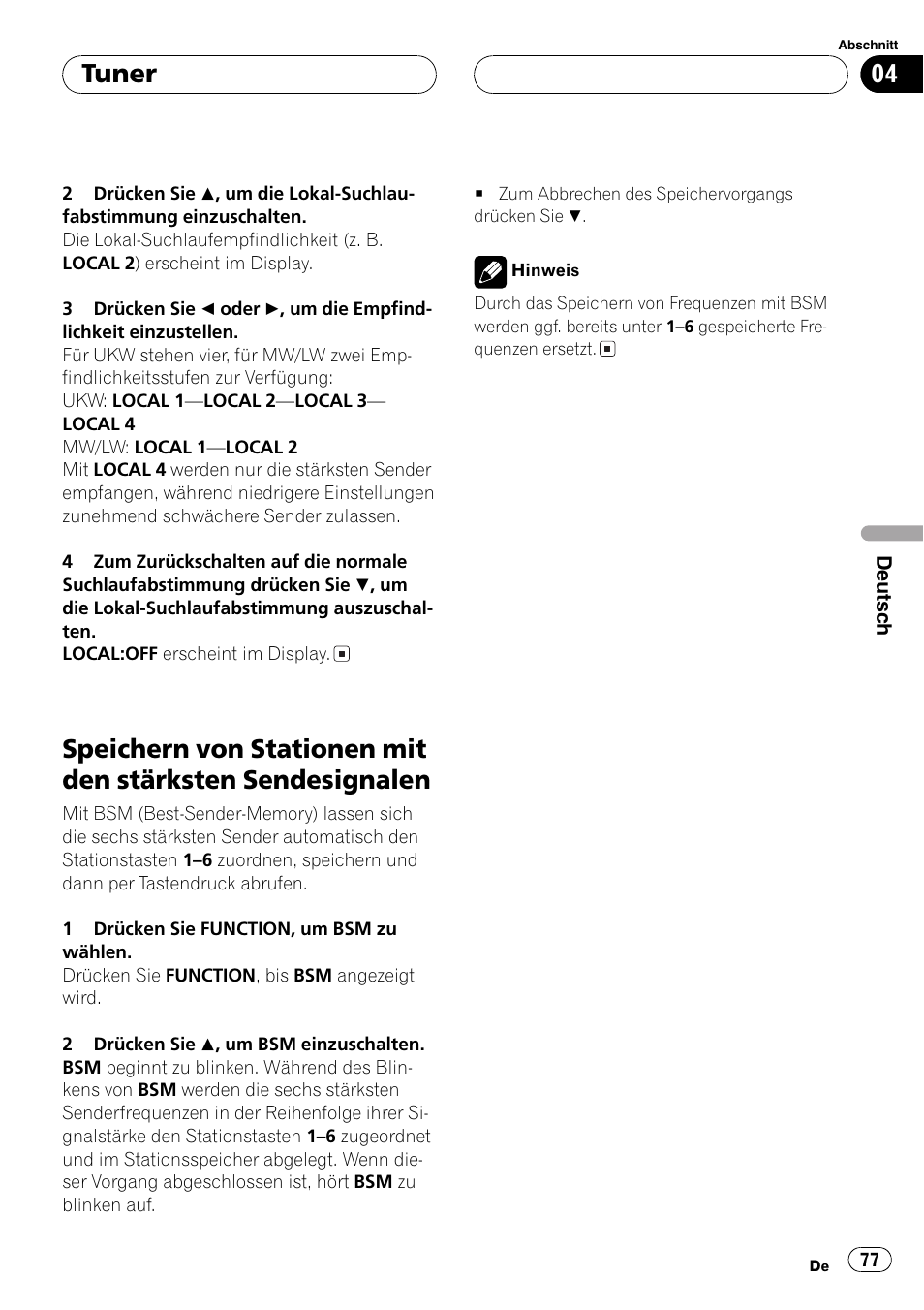 Speichern von stationen mit den stärksten, Sendesignalen 77, Tuner | Pioneer DEH-P2600R User Manual | Page 77 / 105