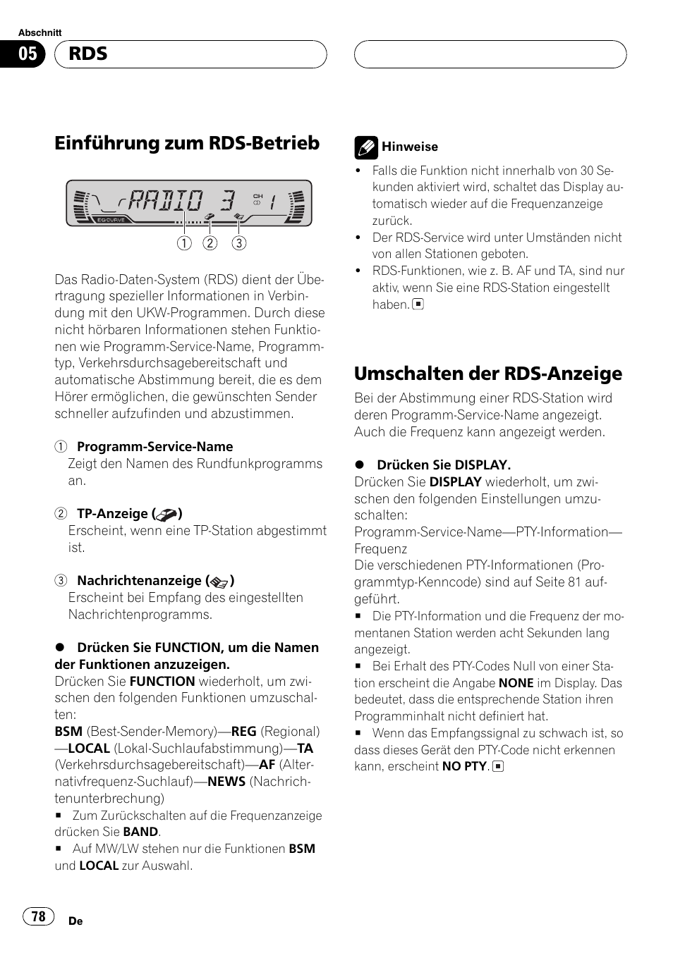 Einführung zum rds-betrieb 78, Umschalten der rds-anzeige 78, Einführung zum rds-betrieb | Umschalten der rds-anzeige | Pioneer DEH-P2600R User Manual | Page 78 / 105
