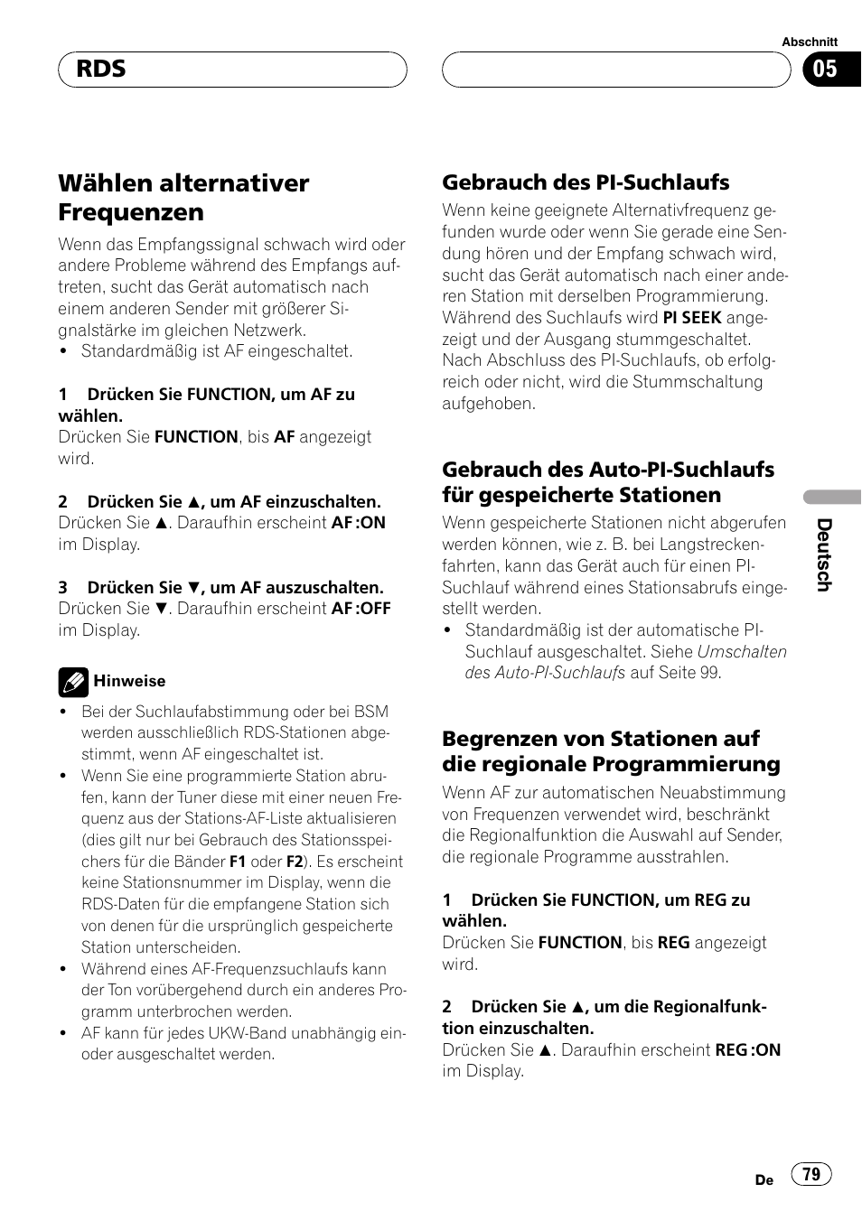 Wählen alternativer frequenzen 79, Gebrauch des pi-suchlaufs 79, Gebrauch des auto-pi-suchlaufs für | Gespeicherte stationen 79, Begrenzen von stationen auf die, Regionale programmierung 79, Wählen alternativer frequenzen, Gebrauch des pi-suchlaufs | Pioneer DEH-P2600R User Manual | Page 79 / 105