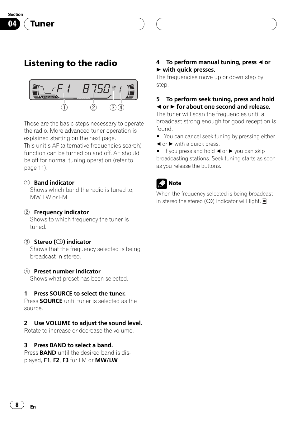 Tuner listening to the radio 8, Listening to the radio, Tuner | Pioneer DEH-P2600R User Manual | Page 8 / 105