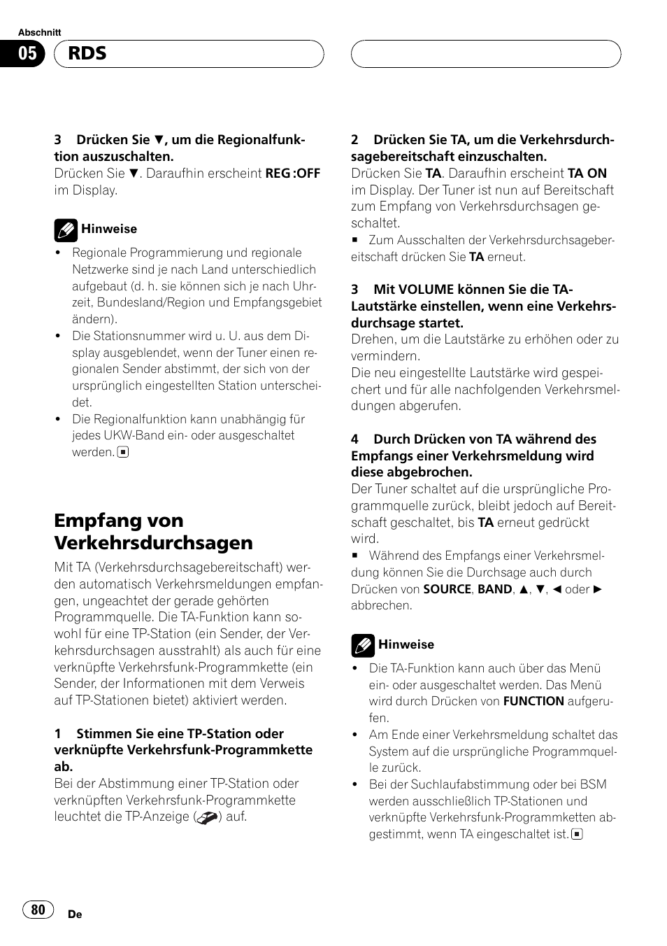 Empfang von verkehrsdurchsagen 80, Empfang von verkehrsdurchsagen | Pioneer DEH-P2600R User Manual | Page 80 / 105