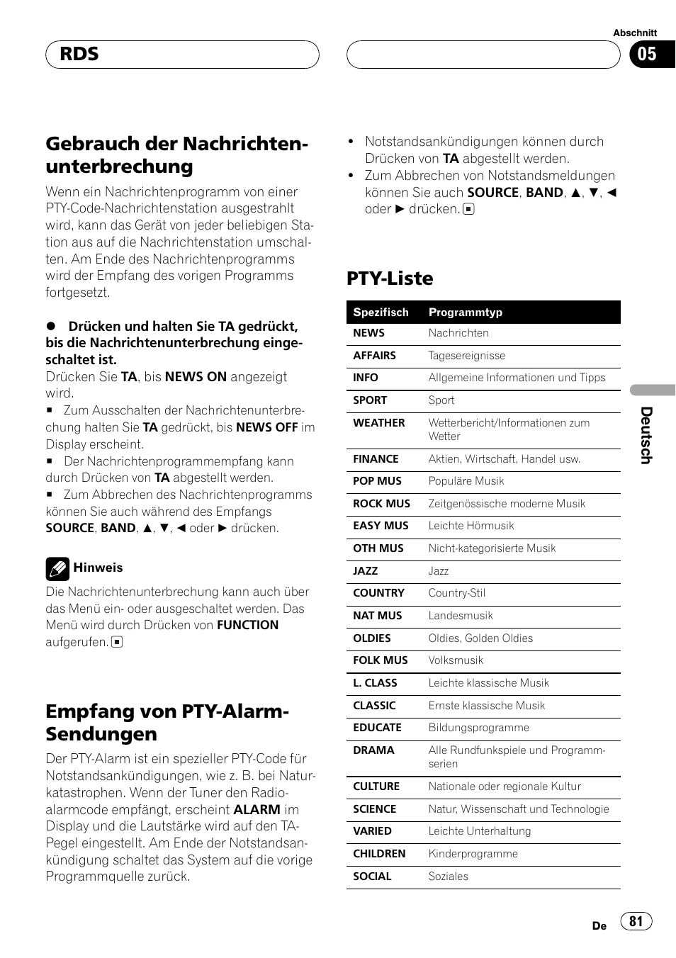 Gebrauch der, Nachrichtenunterbrechung 81, Empfang von pty-alarm-sendungen 81 | Pty-liste 81, Gebrauch der nachrichten- unterbrechung, Empfang von pty-alarm- sendungen, Pty-liste, Deutsch | Pioneer DEH-P2600R User Manual | Page 81 / 105