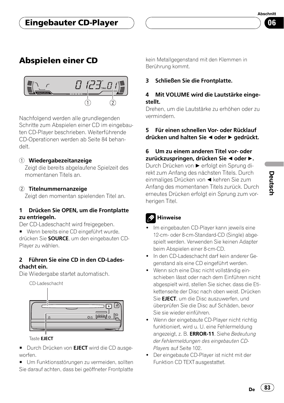 Eingebauter cd-player, Abspielen einer cd 83, Abspielen einer cd | Pioneer DEH-P2600R User Manual | Page 83 / 105