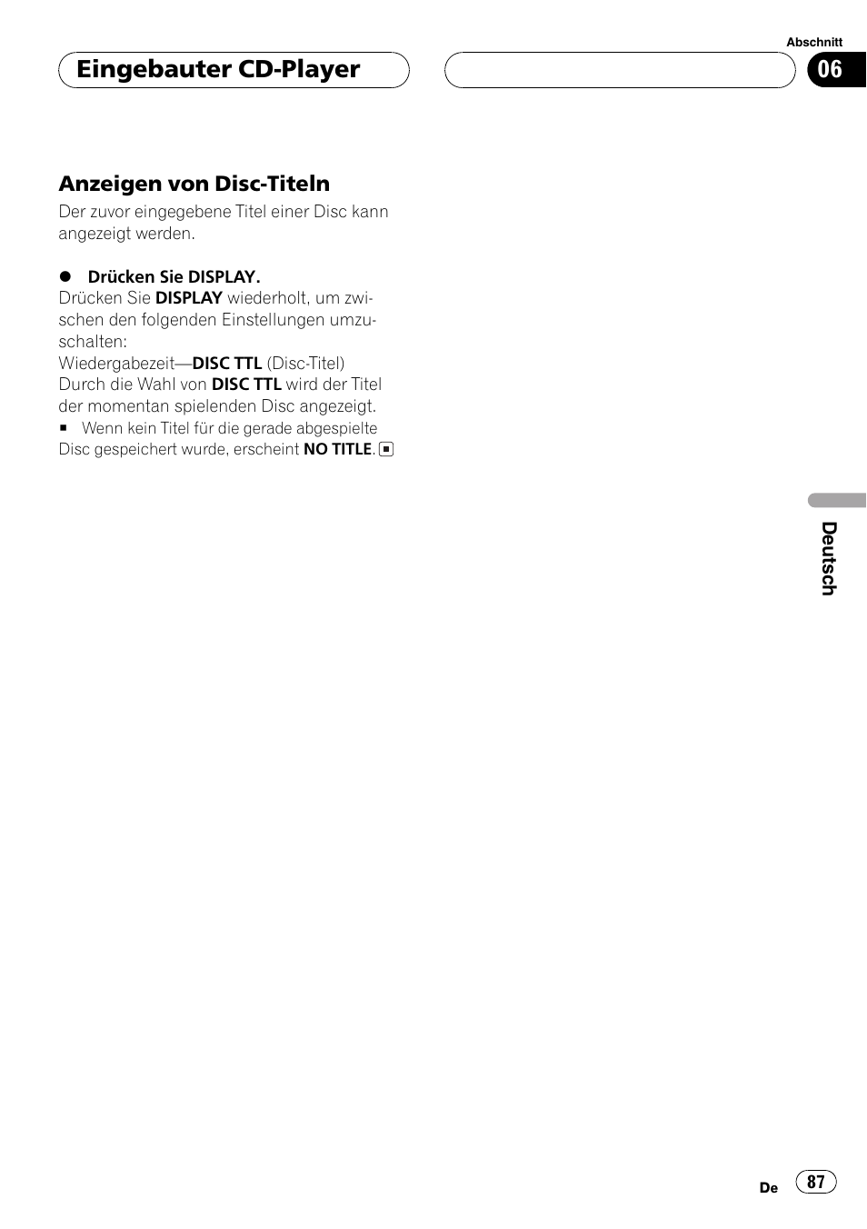 Anzeigen von disc-titeln 87, Eingebauter cd-player | Pioneer DEH-P2600R User Manual | Page 87 / 105