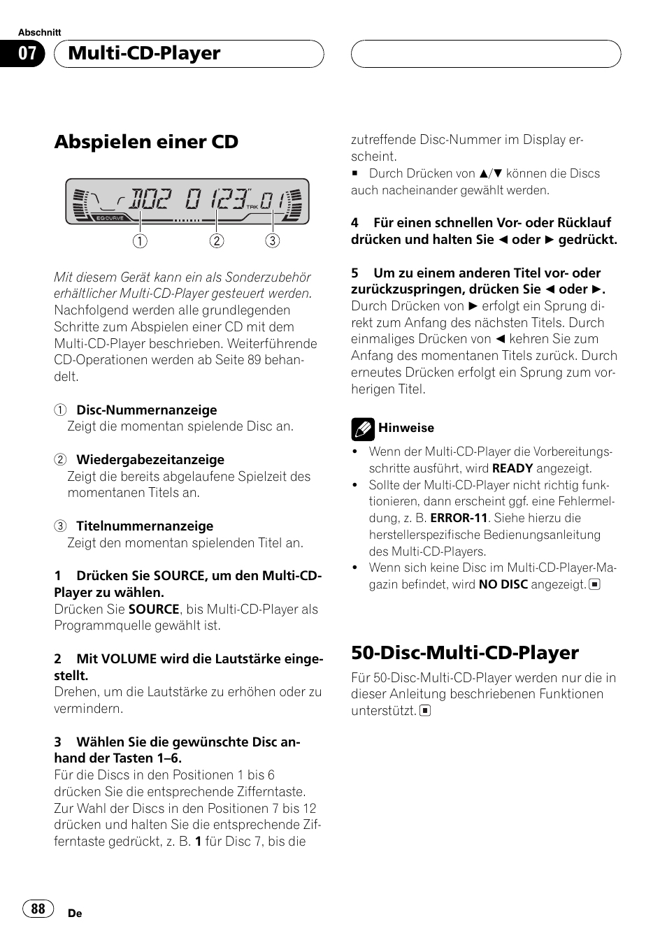 Multi-cd-player, Abspielen einer cd 88, Disc-multi-cd-player 88 | Abspielen einer cd, Disc-multi-cd-player | Pioneer DEH-P2600R User Manual | Page 88 / 105