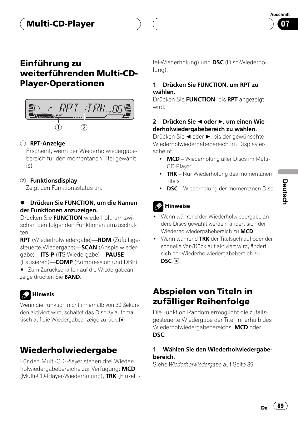 Einführung zu weiterführenden multi-cd, Player-operationen 89, Wiederholwiedergabe 89 | Abspielen von titeln in zufälliger, Reihenfolge 89, Wiederholwiedergabe, Abspielen von titeln in zufälliger reihenfolge, Multi-cd-player | Pioneer DEH-P2600R User Manual | Page 89 / 105