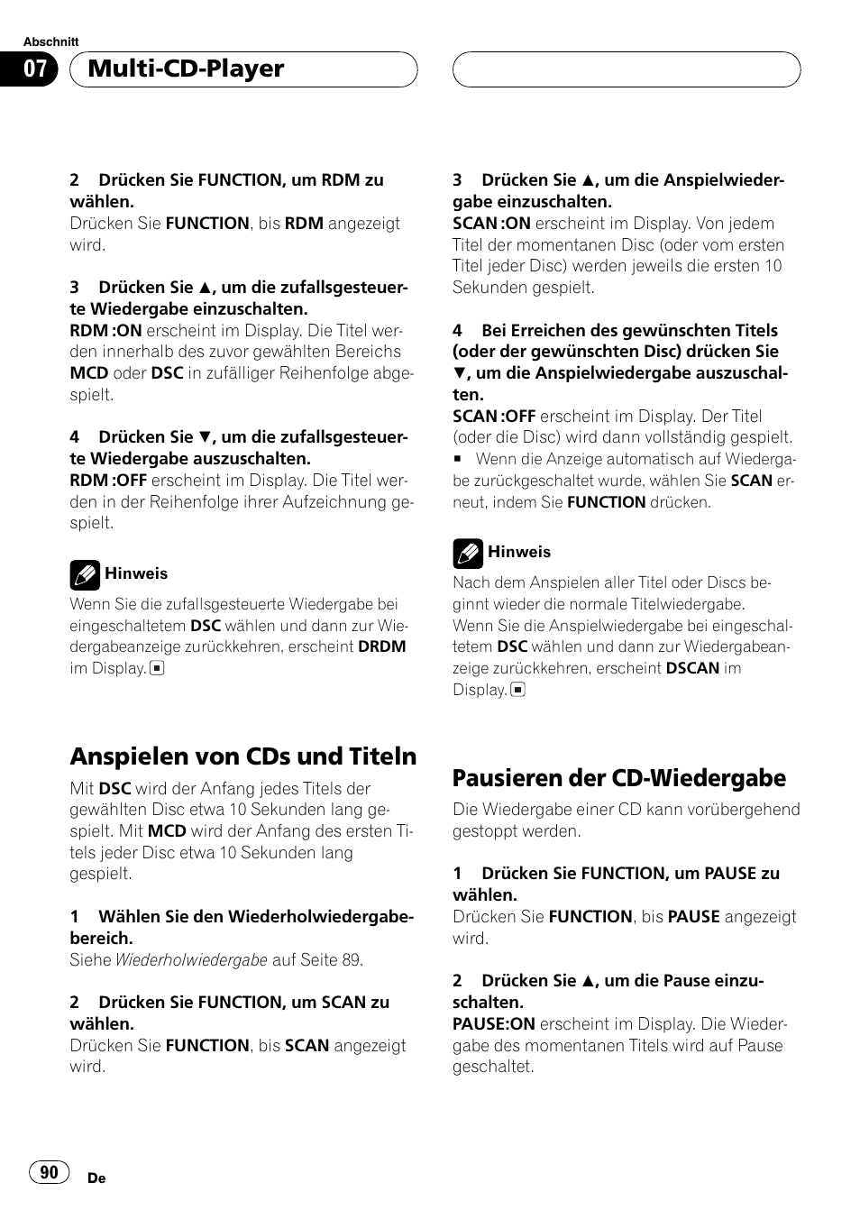 Anspielen von cds und titeln 90, Pausieren der cd-wiedergabe 90, Anspielen von cds und titeln | Pausieren der cd-wiedergabe, Multi-cd-player | Pioneer DEH-P2600R User Manual | Page 90 / 105