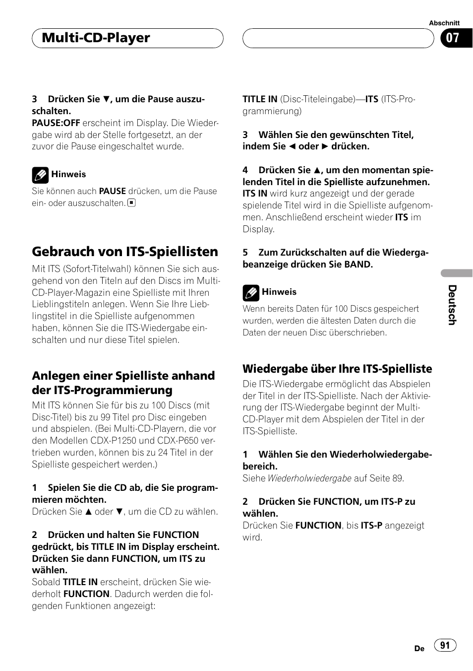 Gebrauch von its-spiellisten 91, Anlegen einer spielliste anhand der, Its-programmierung 91 | Wiedergabe über ihre its, Spielliste 91, Gebrauch von its-spiellisten, Multi-cd-player, Wiedergabe über ihre its-spielliste | Pioneer DEH-P2600R User Manual | Page 91 / 105