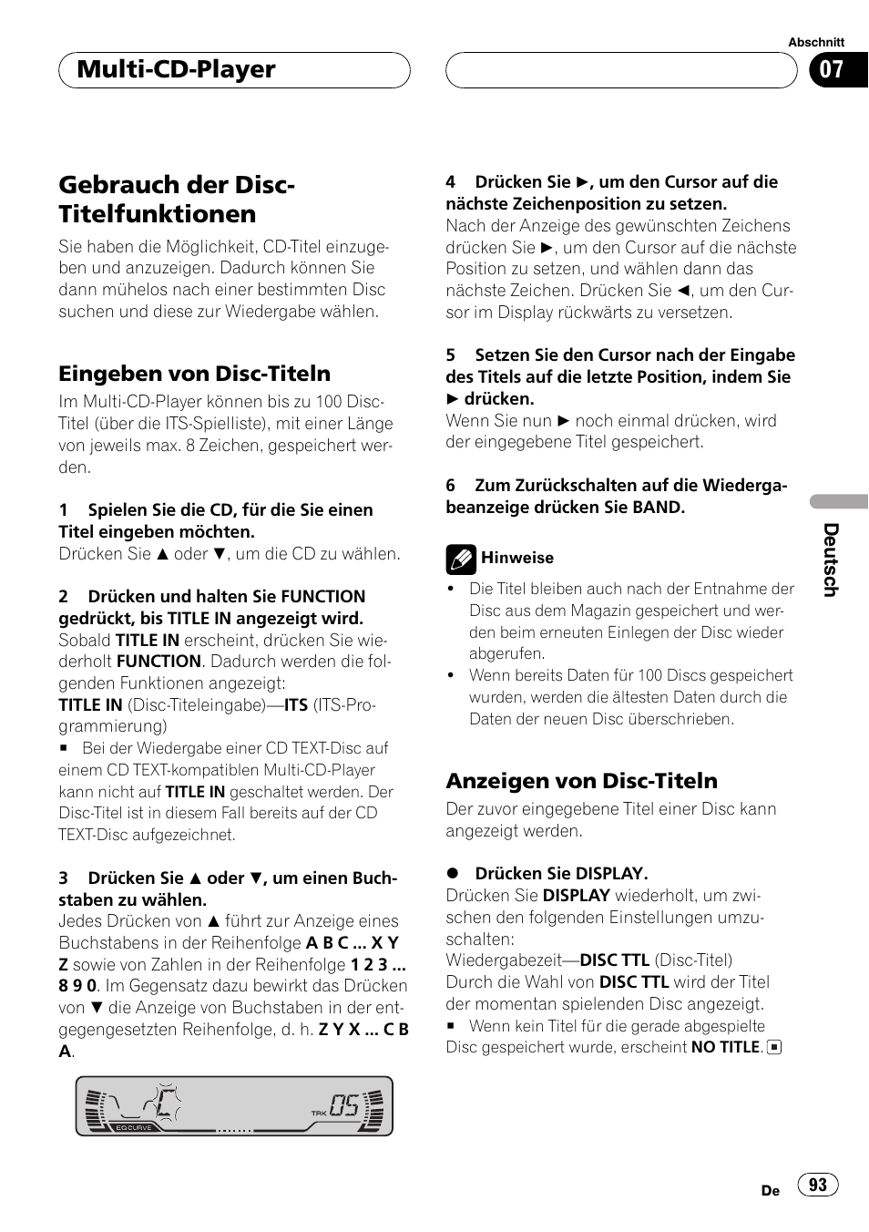 Gebrauch der disc-titelfunktionen 93, Eingeben von disc-titeln 93, Anzeigen von disc-titeln 93 | Gebrauch der disc- titelfunktionen, Multi-cd-player, Eingeben von disc-titeln, Anzeigen von disc-titeln | Pioneer DEH-P2600R User Manual | Page 93 / 105