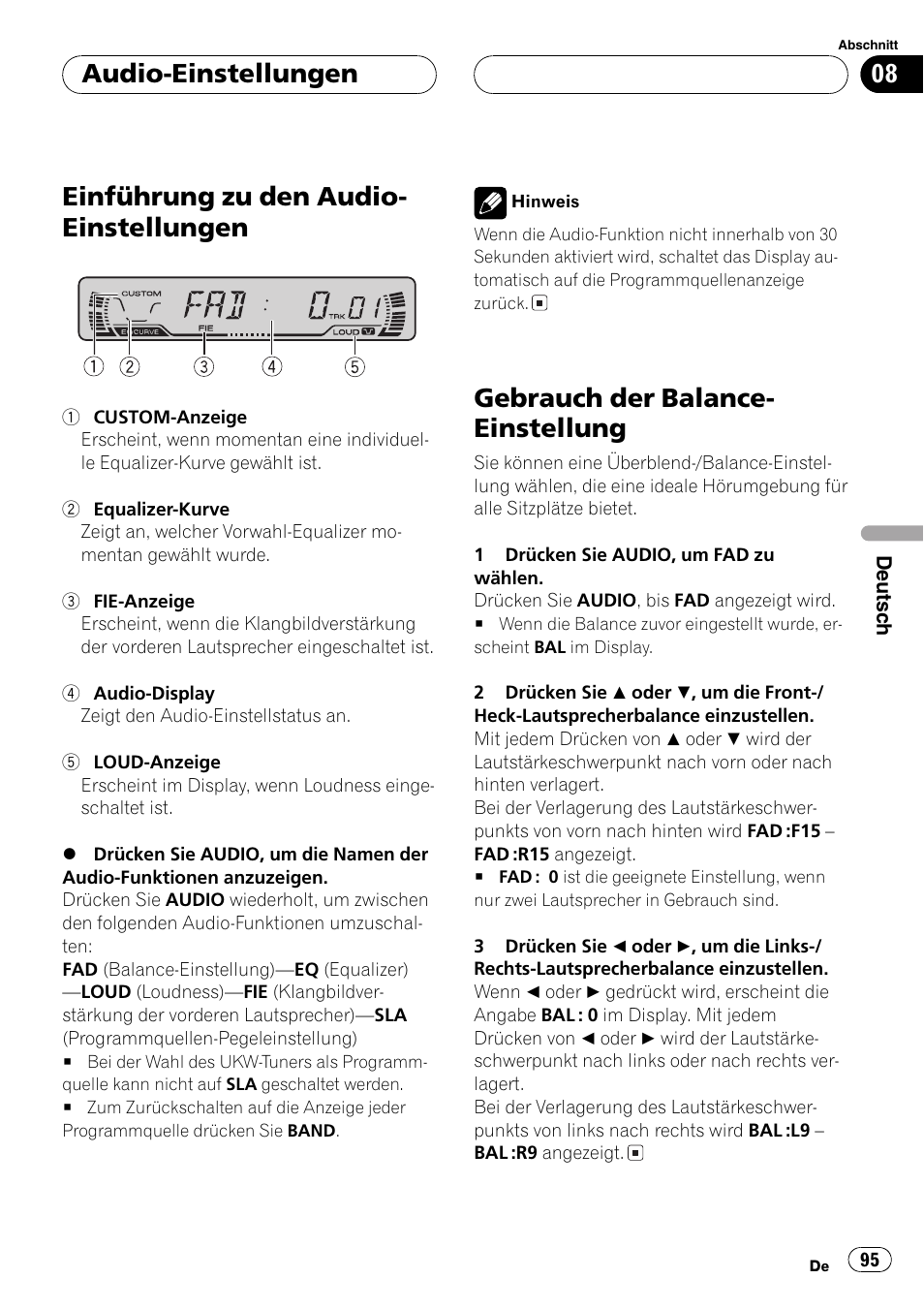Audio-einstellungen, Einführung zu den audio-einstellungen 95, Gebrauch der balance-einstellung 95 | Einführung zu den audio- einstellungen, Gebrauch der balance- einstellung | Pioneer DEH-P2600R User Manual | Page 95 / 105