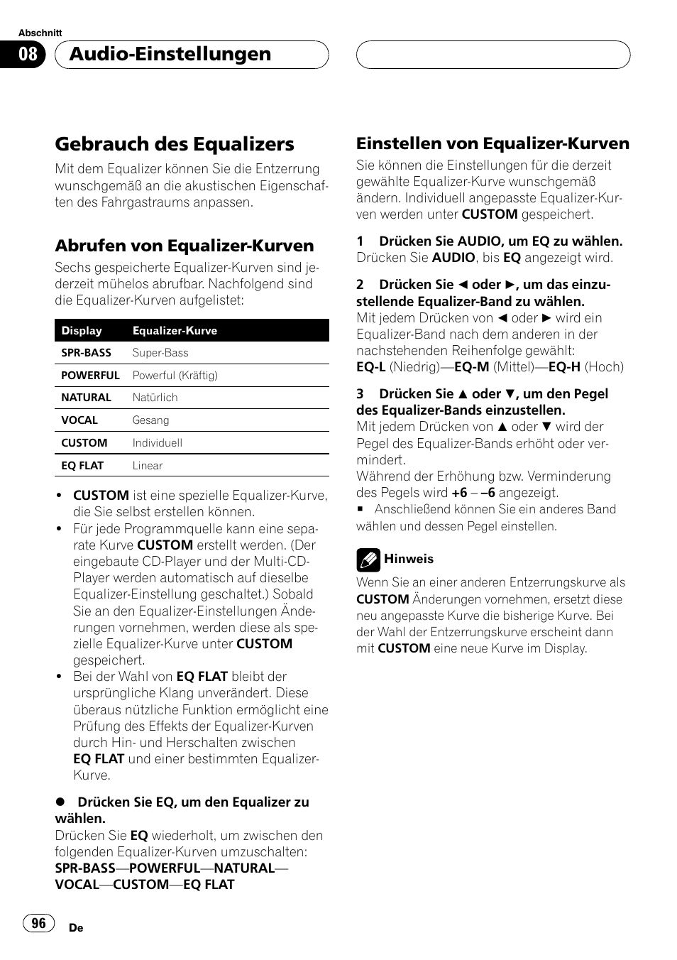 Gebrauch des equalizers 96, Abrufen von equalizer-kurven 96, Einstellen von equalizer-kurven 96 | Gebrauch des equalizers, Audio-einstellungen, Abrufen von equalizer-kurven, Einstellen von equalizer-kurven | Pioneer DEH-P2600R User Manual | Page 96 / 105