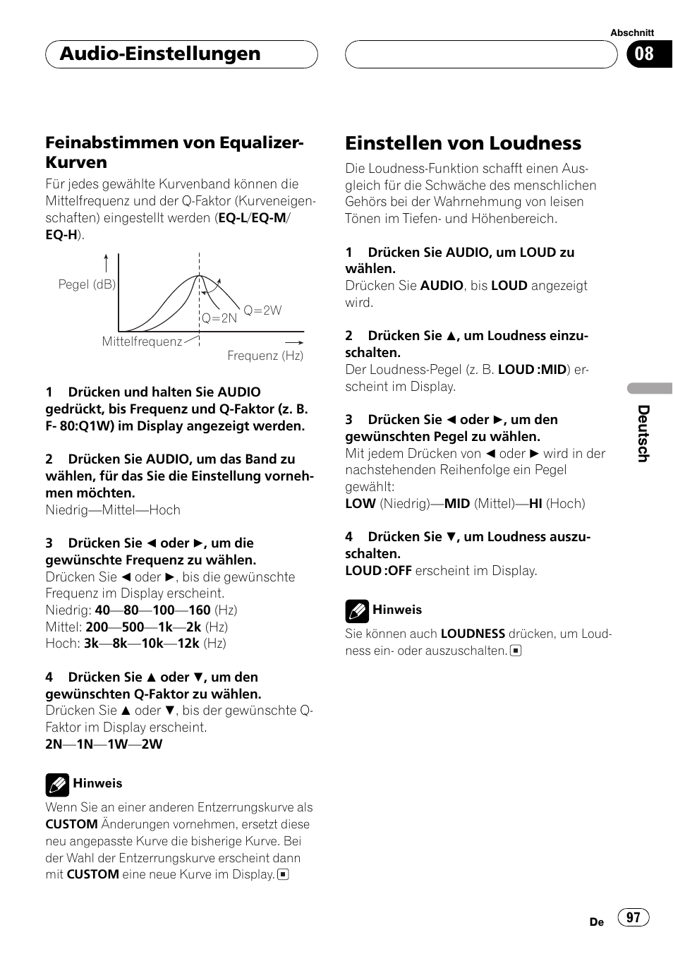 Feinabstimmen von equalizer, Kurven 97, Einstellen von loudness 97 | Einstellen von loudness, Audio-einstellungen, Feinabstimmen von equalizer- kurven | Pioneer DEH-P2600R User Manual | Page 97 / 105