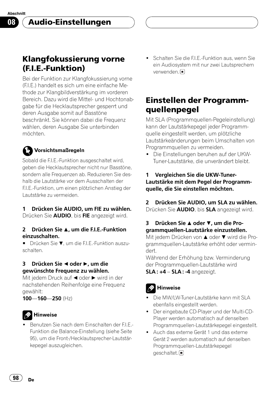 Klangfokussierung vorne (f.i.e.-funktion) 98, Einstellen der programmquellenpegel 98, Klangfokussierung vorne (f.i.e.-funktion) | Einstellen der programm- quellenpegel, Audio-einstellungen | Pioneer DEH-P2600R User Manual | Page 98 / 105