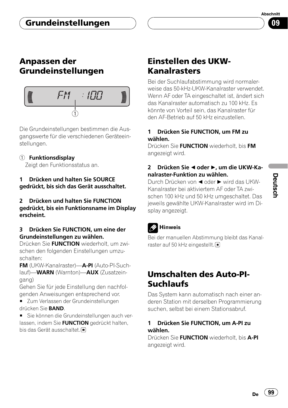 Grundeinstellungen, Anpassen der grundeinstellungen 99, Einstellen des ukw-kanalrasters 99 | Umschalten des auto-pi-suchlaufs 99, Anpassen der grundeinstellungen, Einstellen des ukw- kanalrasters, Umschalten des auto-pi- suchlaufs | Pioneer DEH-P2600R User Manual | Page 99 / 105
