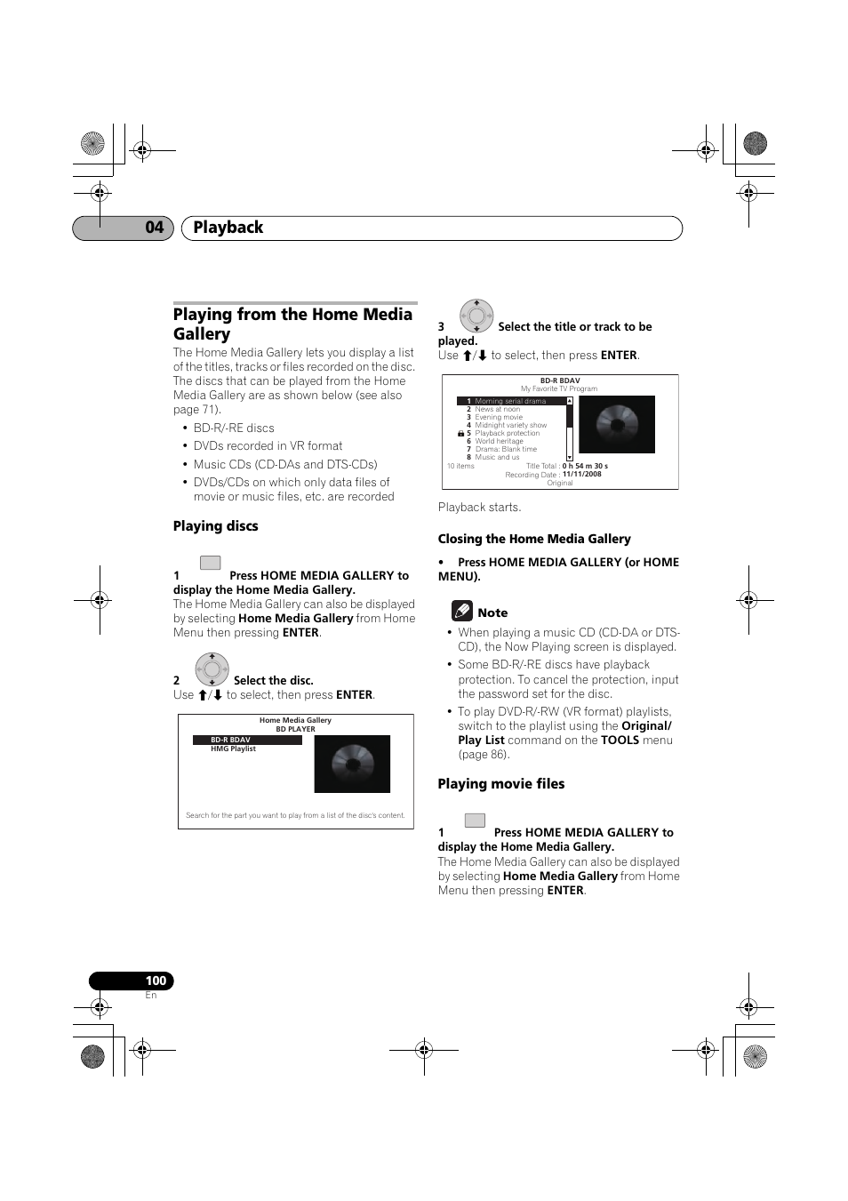 Playing from the home media gallery, Playing discs, Playing movie files | Playback 04 | Pioneer SX-LX03 User Manual | Page 100 / 132