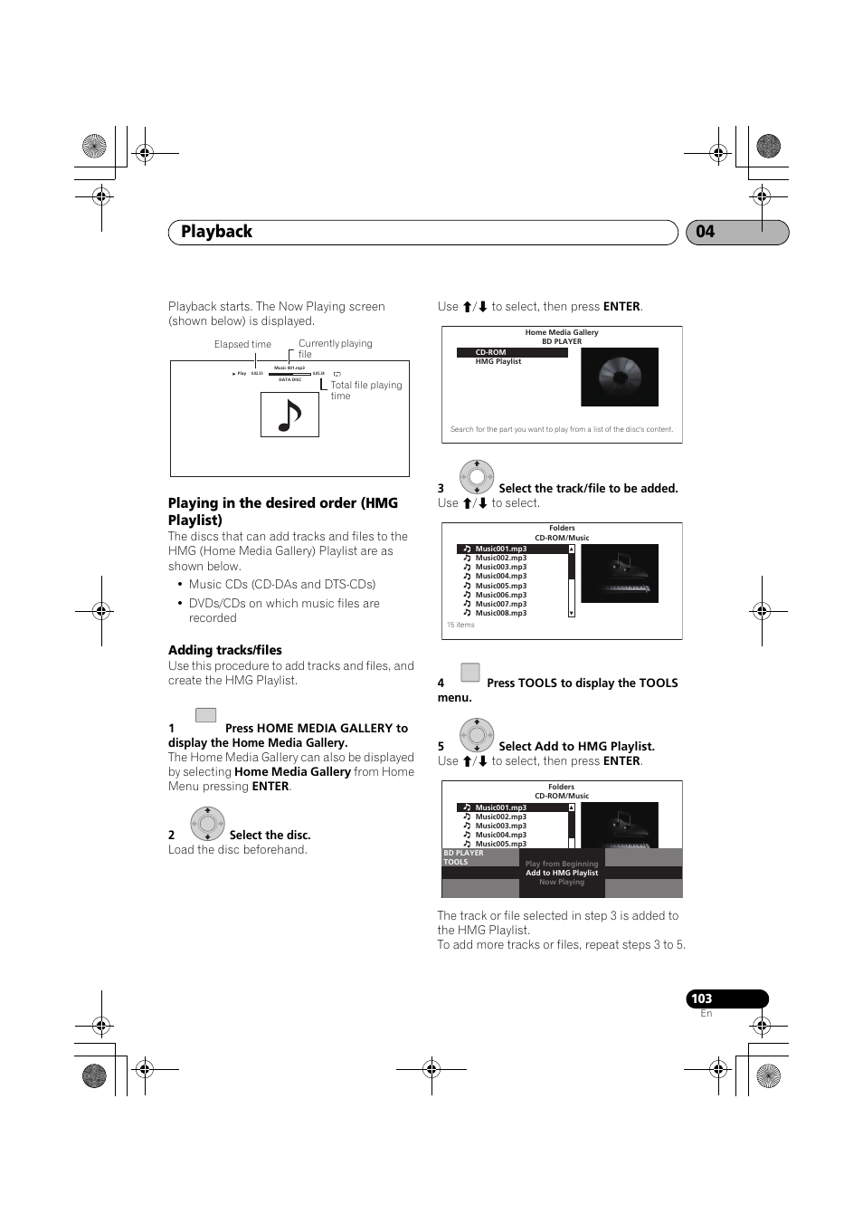 Playing in the desired order (hmg playlist), Playback 04, Adding tracks/files | Pioneer SX-LX03 User Manual | Page 103 / 132