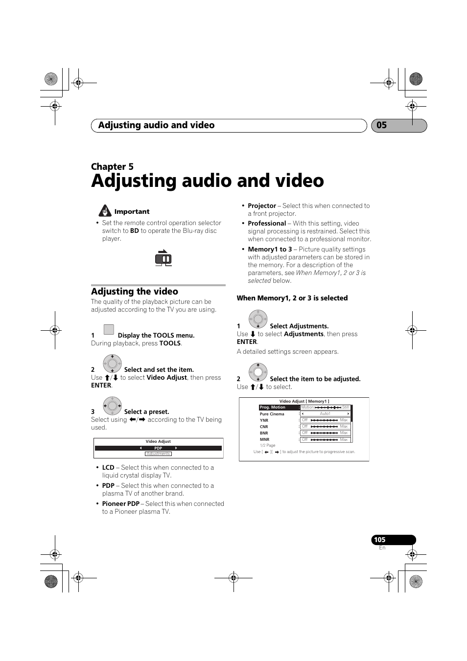 Adjusting the video, Adjusting audio and video, Adjusting audio and video 05 | Chapter 5 | Pioneer SX-LX03 User Manual | Page 105 / 132