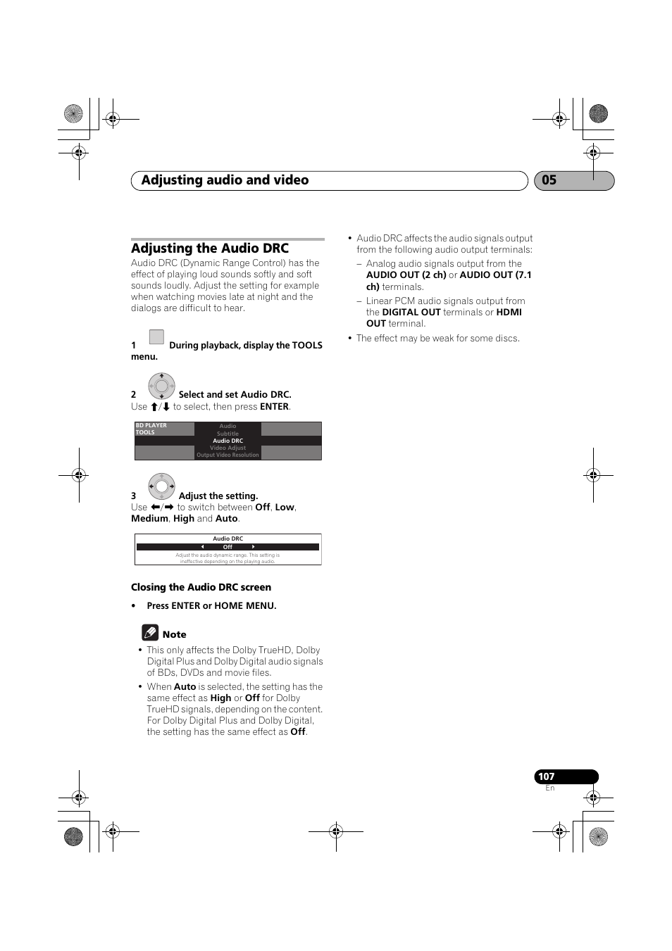 Adjusting the audio drc, Adjusting audio and video 05 | Pioneer SX-LX03 User Manual | Page 107 / 132