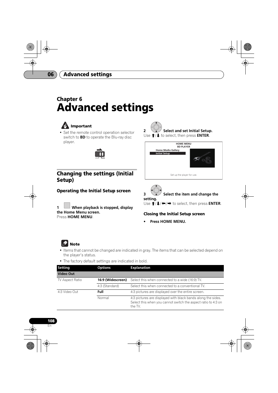 Changing the settings (initial setup), Operating the initial setup screen, Advanced settings | Advanced settings 06, Chapter 6 | Pioneer SX-LX03 User Manual | Page 108 / 132