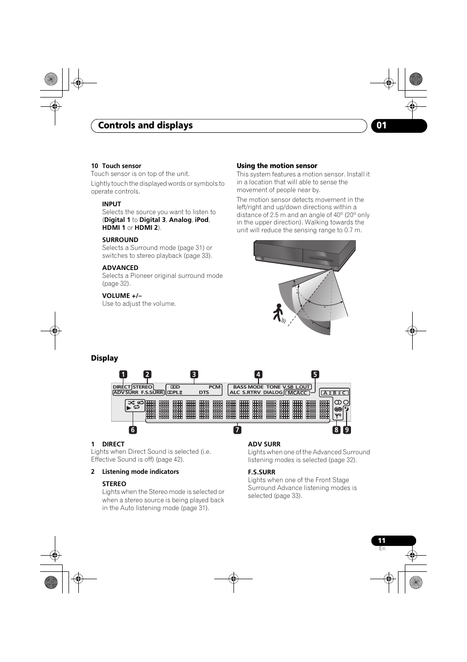 Display, Controls and displays 01 | Pioneer SX-LX03 User Manual | Page 11 / 132