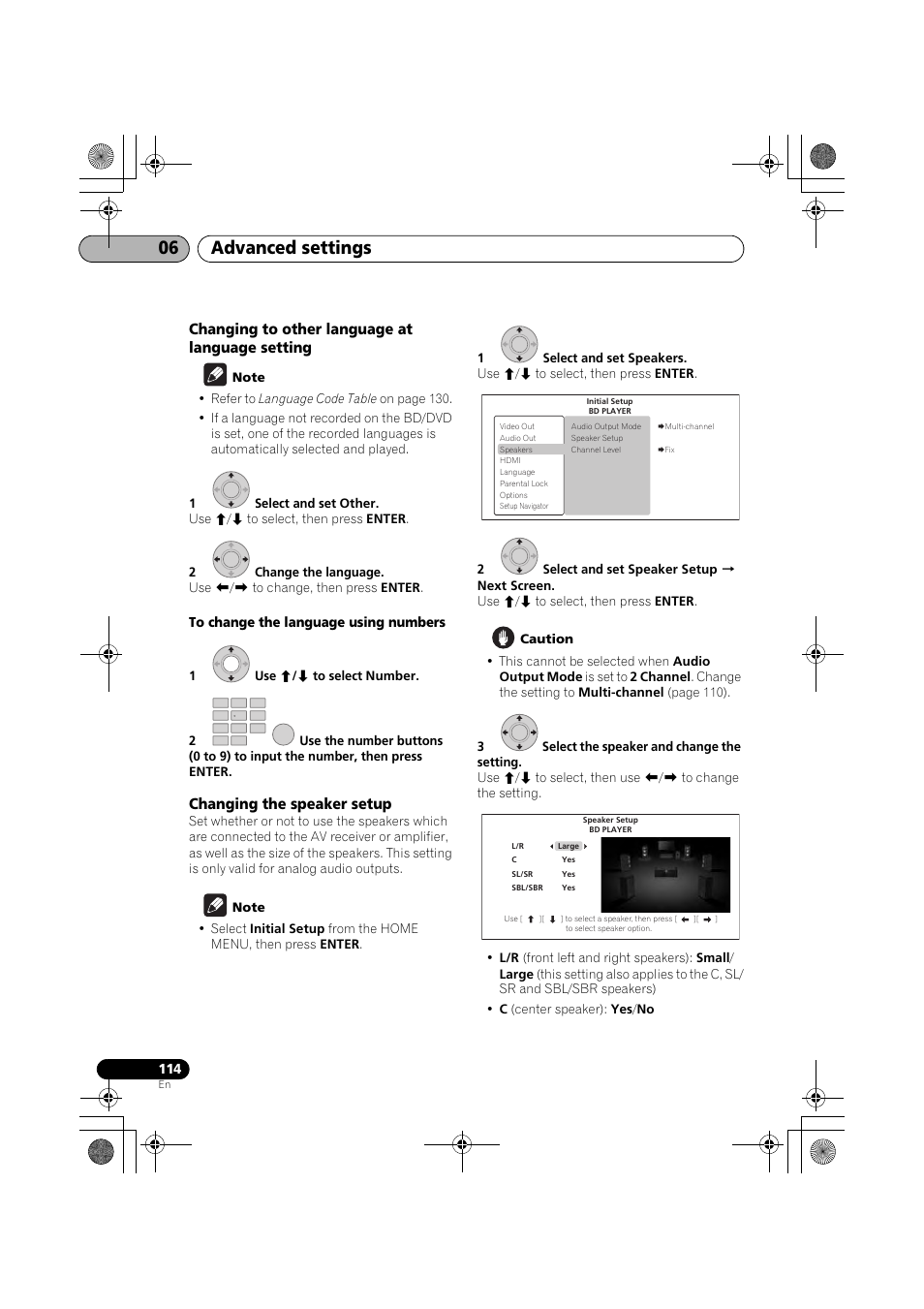 Changing to other language at language setting, Changing the speaker setup, Advanced settings 06 | Pioneer SX-LX03 User Manual | Page 114 / 132